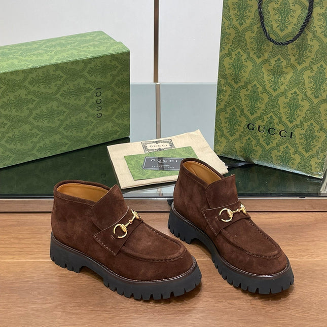 GG WOMEN'S HORSEBIT ANKLE BOOTS 4.5 CM IN DARK BROWN SUEDE