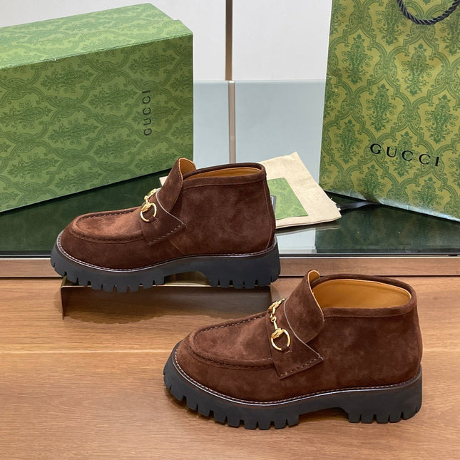 GG WOMEN'S HORSEBIT ANKLE BOOTS 4.5 CM IN DARK BROWN SUEDE