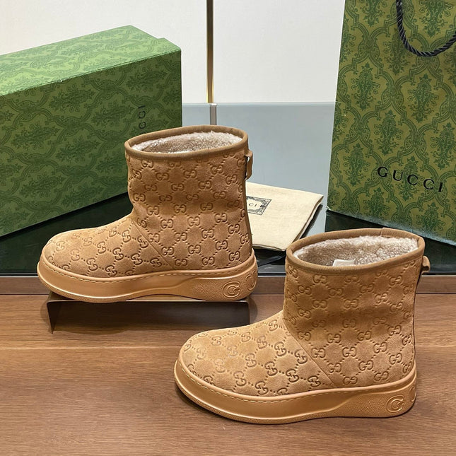 GG UGG BOOTS IN CIDER BROWN EMBOSSED SUEDE AND BEIGE WOOL LINING