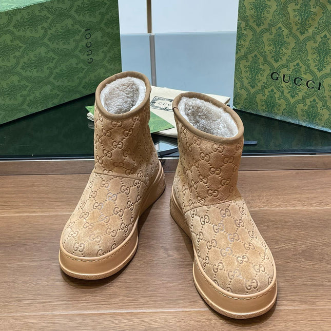 GG UGG BOOTS IN CIDER BROWN EMBOSSED SUEDE AND BEIGE WOOL LINING