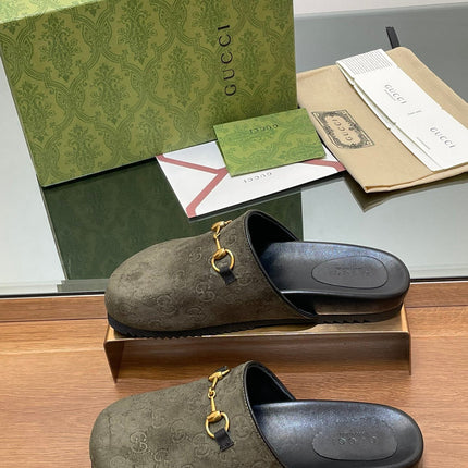 GG HORSEBIT MULE IN KHAKI GREEN EMBOSSED SUEDE AND SHEEPSKIN LINING