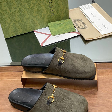 GG HORSEBIT MULE IN KHAKI GREEN EMBOSSED SUEDE AND SHEEPSKIN LINING