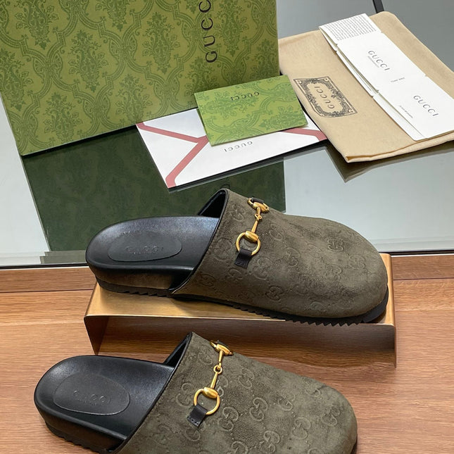 GG HORSEBIT MULE IN KHAKI GREEN EMBOSSED SUEDE AND SHEEPSKIN LINING