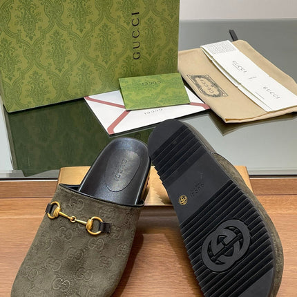 GG HORSEBIT MULE IN KHAKI GREEN EMBOSSED SUEDE AND SHEEPSKIN LINING