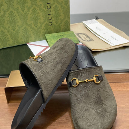 GG HORSEBIT MULE IN KHAKI GREEN EMBOSSED SUEDE AND SHEEPSKIN LINING
