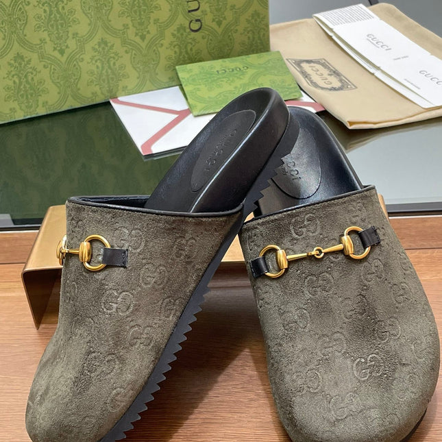 GG HORSEBIT MULE IN KHAKI GREEN EMBOSSED SUEDE AND SHEEPSKIN LINING