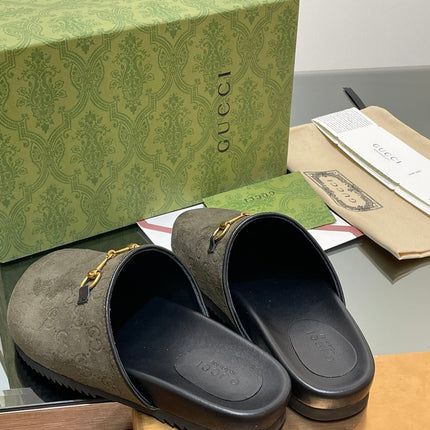 GG HORSEBIT MULE IN KHAKI GREEN EMBOSSED SUEDE AND SHEEPSKIN LINING