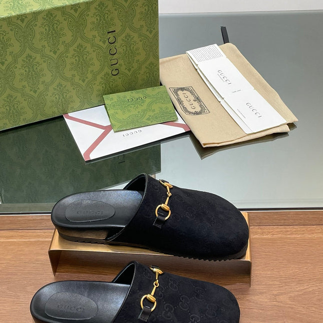 GG HORSEBIT MULE IN BLACK EMBOSSED SUEDE AND SHEEPSKIN LINING