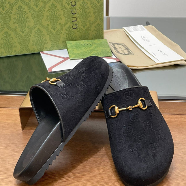 GG HORSEBIT MULE IN BLACK EMBOSSED SUEDE AND SHEEPSKIN LINING