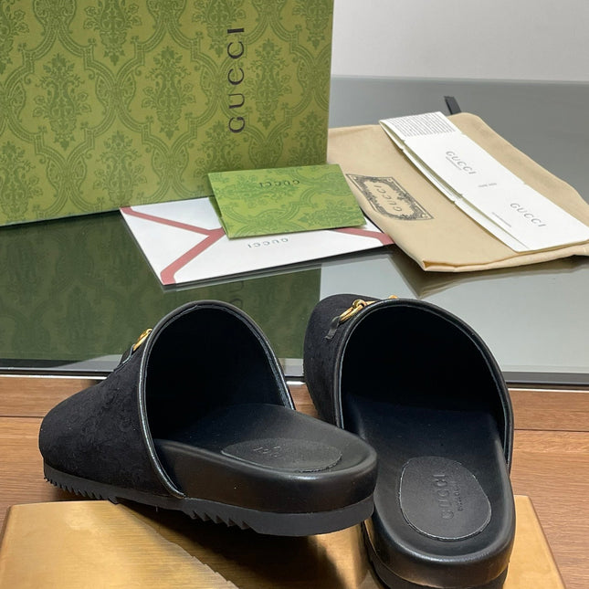 GG HORSEBIT MULE IN BLACK EMBOSSED SUEDE AND SHEEPSKIN LINING