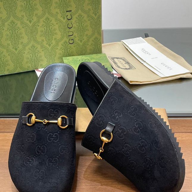 GG HORSEBIT MULE IN BLACK EMBOSSED SUEDE AND SHEEPSKIN LINING