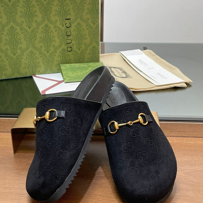 GG HORSEBIT MULE IN BLACK EMBOSSED SUEDE AND SHEEPSKIN LINING