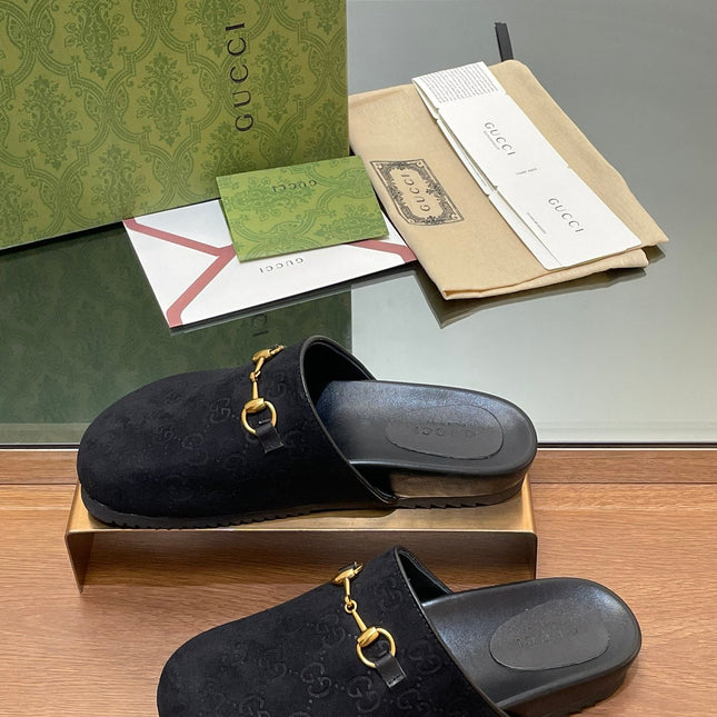 GG HORSEBIT MULE IN BLACK EMBOSSED SUEDE AND SHEEPSKIN LINING