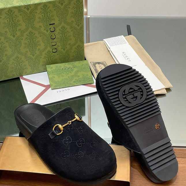 GG HORSEBIT MULE IN BLACK EMBOSSED SUEDE AND SHEEPSKIN LINING