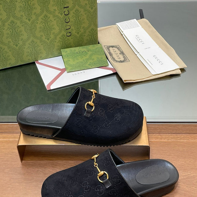 GG HORSEBIT MULE IN BLACK EMBOSSED SUEDE AND SHEEPSKIN LINING