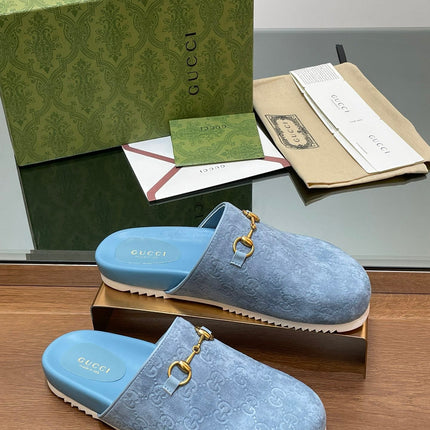 GG HORSEBIT MULE IN LIGHT BLUE EMBOSSED SUEDE AND SHEEPSKIN LINING