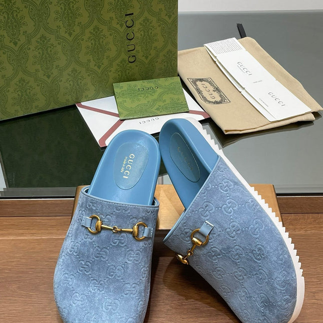 GG HORSEBIT MULE IN LIGHT BLUE EMBOSSED SUEDE AND SHEEPSKIN LINING