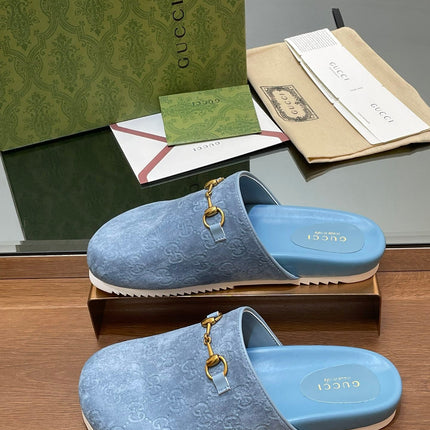 GG HORSEBIT MULE IN LIGHT BLUE EMBOSSED SUEDE AND SHEEPSKIN LINING