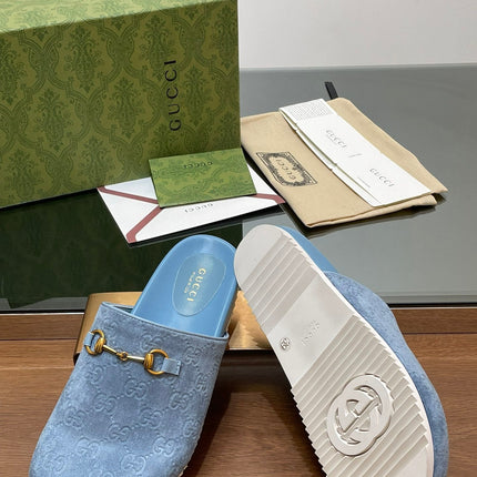 GG HORSEBIT MULE IN LIGHT BLUE EMBOSSED SUEDE AND SHEEPSKIN LINING