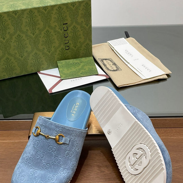 GG HORSEBIT MULE IN LIGHT BLUE EMBOSSED SUEDE AND SHEEPSKIN LINING