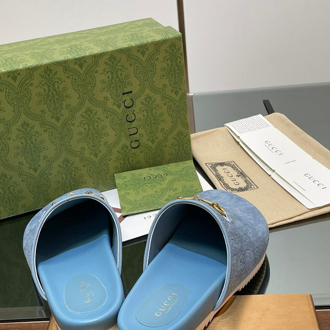 GG HORSEBIT MULE IN LIGHT BLUE EMBOSSED SUEDE AND SHEEPSKIN LINING