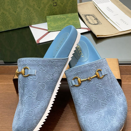 GG HORSEBIT MULE IN LIGHT BLUE EMBOSSED SUEDE AND SHEEPSKIN LINING