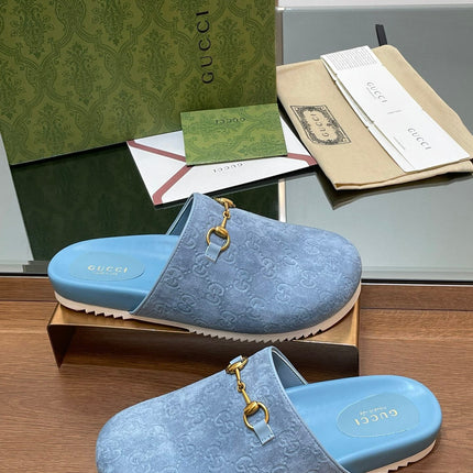 GG HORSEBIT MULE IN LIGHT BLUE EMBOSSED SUEDE AND SHEEPSKIN LINING