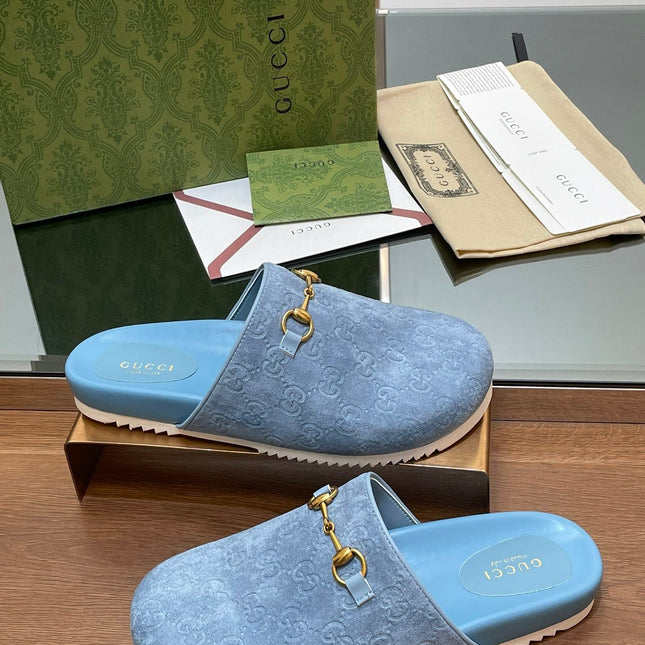 GG HORSEBIT MULE IN LIGHT BLUE EMBOSSED SUEDE AND SHEEPSKIN LINING