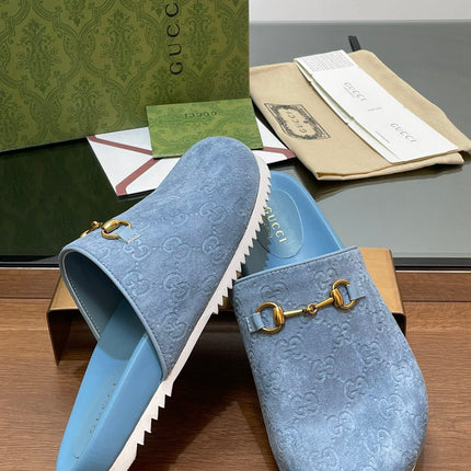 GG HORSEBIT MULE IN LIGHT BLUE EMBOSSED SUEDE AND SHEEPSKIN LINING