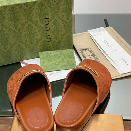 GG HORSEBIT MULE IN BURNT ORANGE EMBOSSED SUEDE AND SHEEPSKIN LINING