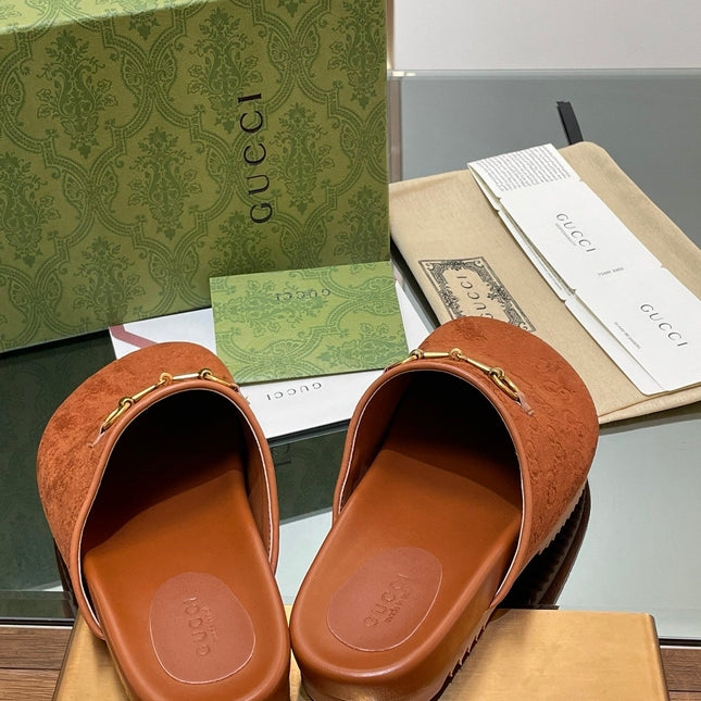 GG HORSEBIT MULE IN BURNT ORANGE EMBOSSED SUEDE AND SHEEPSKIN LINING