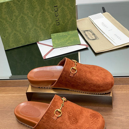 GG HORSEBIT MULE IN BURNT ORANGE EMBOSSED SUEDE AND SHEEPSKIN LINING