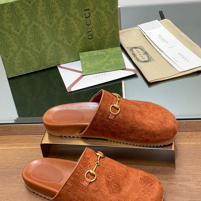 GG HORSEBIT MULE IN BURNT ORANGE EMBOSSED SUEDE AND SHEEPSKIN LINING