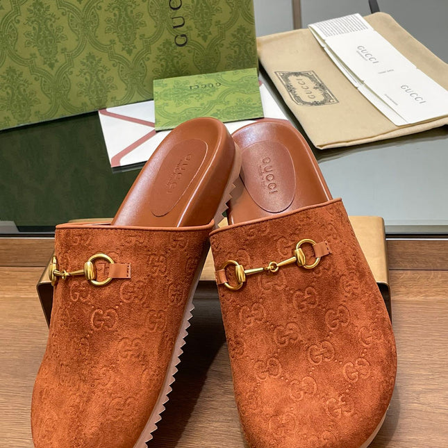 GG HORSEBIT MULE IN BURNT ORANGE EMBOSSED SUEDE AND SHEEPSKIN LINING