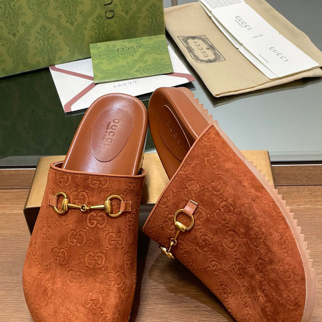 GG HORSEBIT MULE IN BURNT ORANGE EMBOSSED SUEDE AND SHEEPSKIN LINING