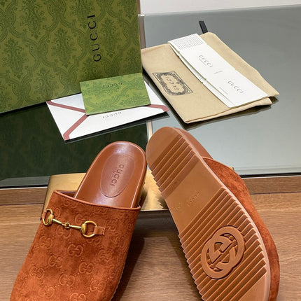 GG HORSEBIT MULE IN BURNT ORANGE EMBOSSED SUEDE AND SHEEPSKIN LINING