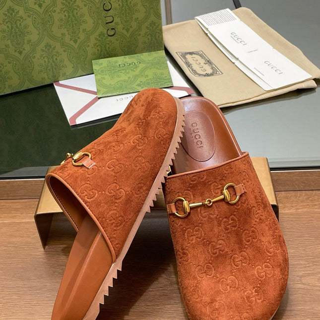 GG HORSEBIT MULE IN BURNT ORANGE EMBOSSED SUEDE AND SHEEPSKIN LINING