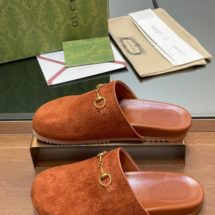 GG HORSEBIT MULE IN BURNT ORANGE EMBOSSED SUEDE AND SHEEPSKIN LINING