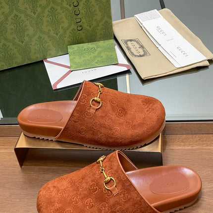GG HORSEBIT MULE IN BURNT ORANGE EMBOSSED SUEDE AND SHEEPSKIN LINING