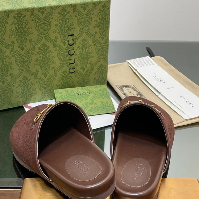 GG HORSEBIT MULE IN CHOCOLATE BROWN EMBOSSED SUEDE AND SHEEPSKIN LINING