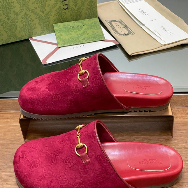 GG HORSEBIT MULE IN RED PINK EMBOSSED SUEDE AND SHEEPSKIN LINING