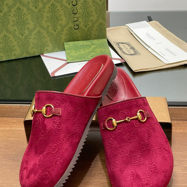 GG HORSEBIT MULE IN RED PINK EMBOSSED SUEDE AND SHEEPSKIN LINING
