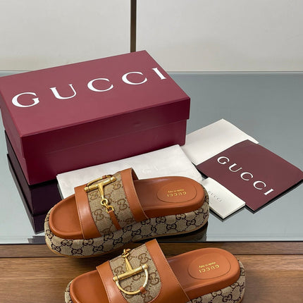 HIGH 5.5 CM WEDGE SANDALS IN BURNT BROWN MIX BEIGE CALFSKIN AND FABRIC