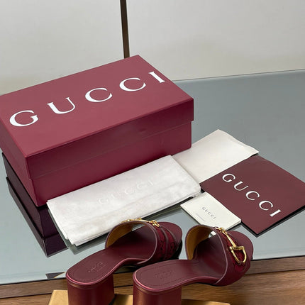 HIGH HEEL MULE 5.5 CM IN DARK RED CALFSKIN MIX FABRIC AND GOLD HARDWARE