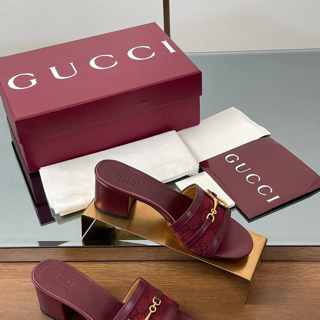 HIGH HEEL MULE 5.5 CM IN DARK RED CALFSKIN MIX FABRIC AND GOLD HARDWARE