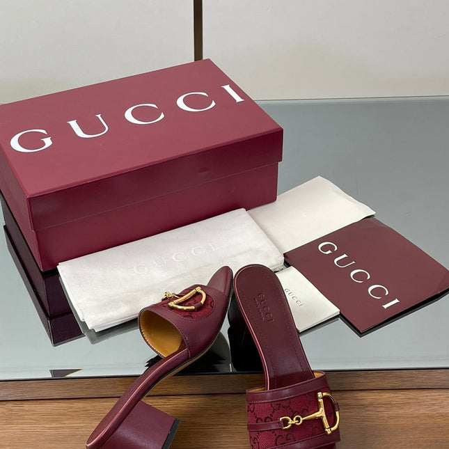 HIGH HEEL MULE 5.5 CM IN DARK RED CALFSKIN MIX FABRIC AND GOLD HARDWARE