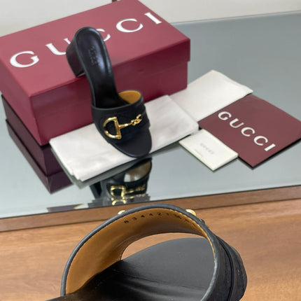 HIGH HEEL MULE 5.5 CM IN BLACK CALFSKIN MIX FABRIC AND GOLD HARDWARE