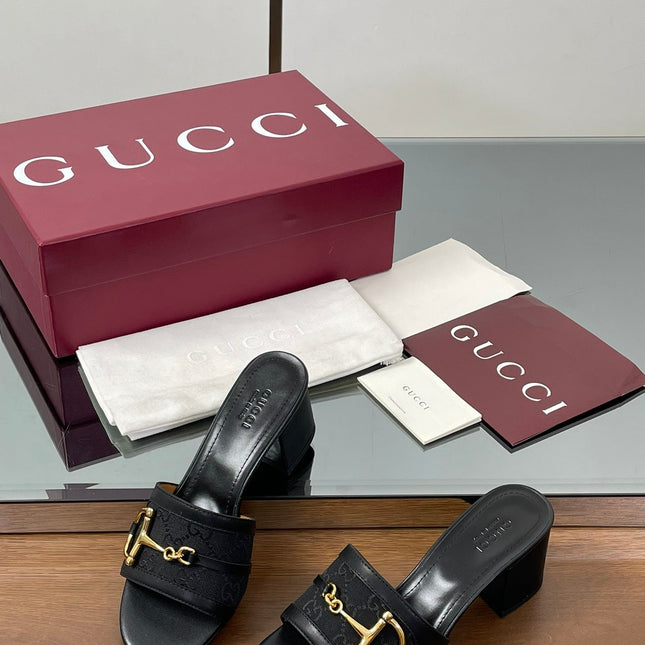 HIGH HEEL MULE 5.5 CM IN BLACK CALFSKIN MIX FABRIC AND GOLD HARDWARE