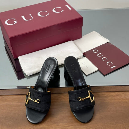 HIGH HEEL MULE 5.5 CM IN BLACK CALFSKIN MIX FABRIC AND GOLD HARDWARE