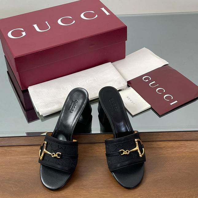 HIGH HEEL MULE 5.5 CM IN BLACK CALFSKIN MIX FABRIC AND GOLD HARDWARE